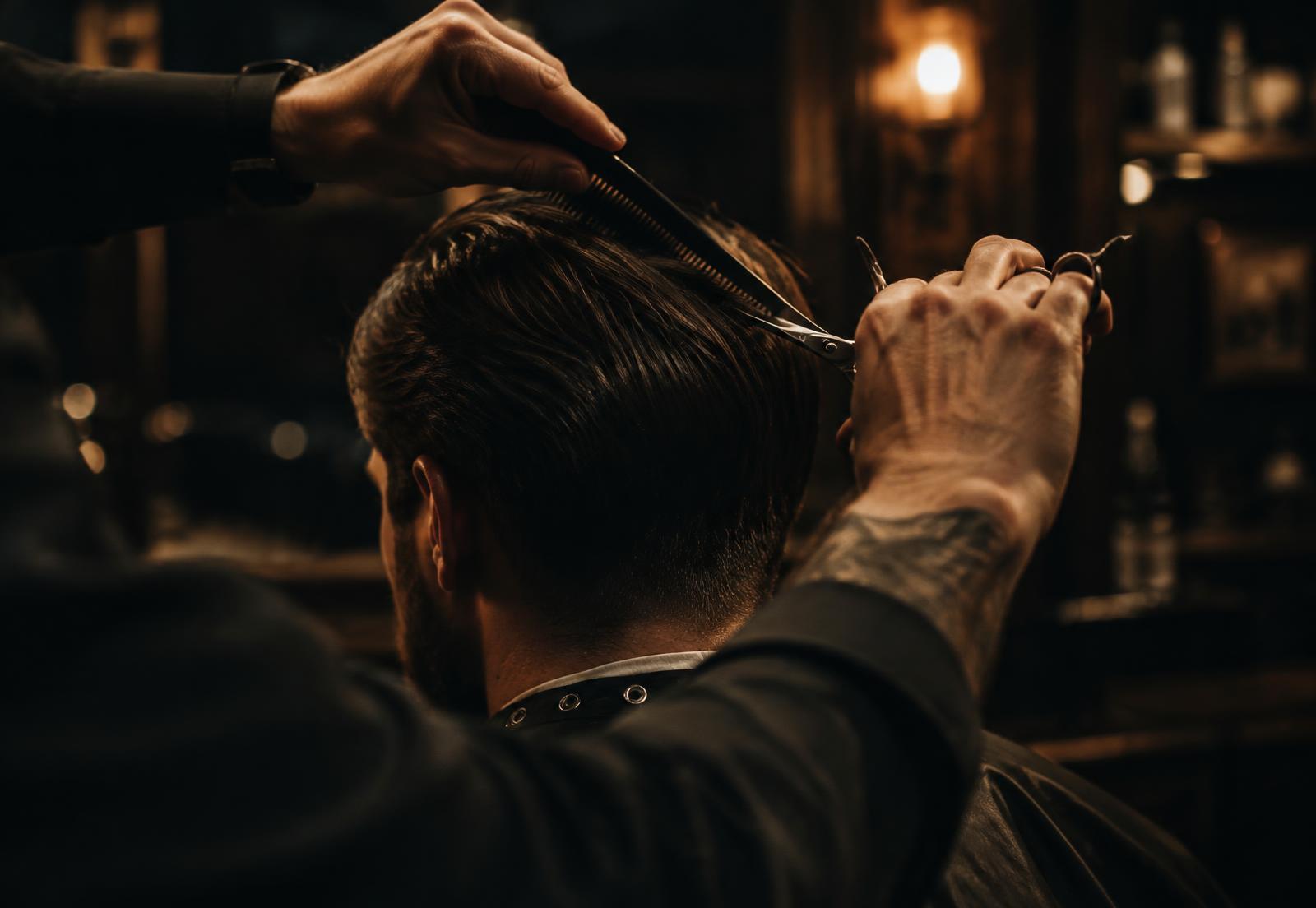 Barber cutting a client's hair with scissors and comb (illustrative image)
